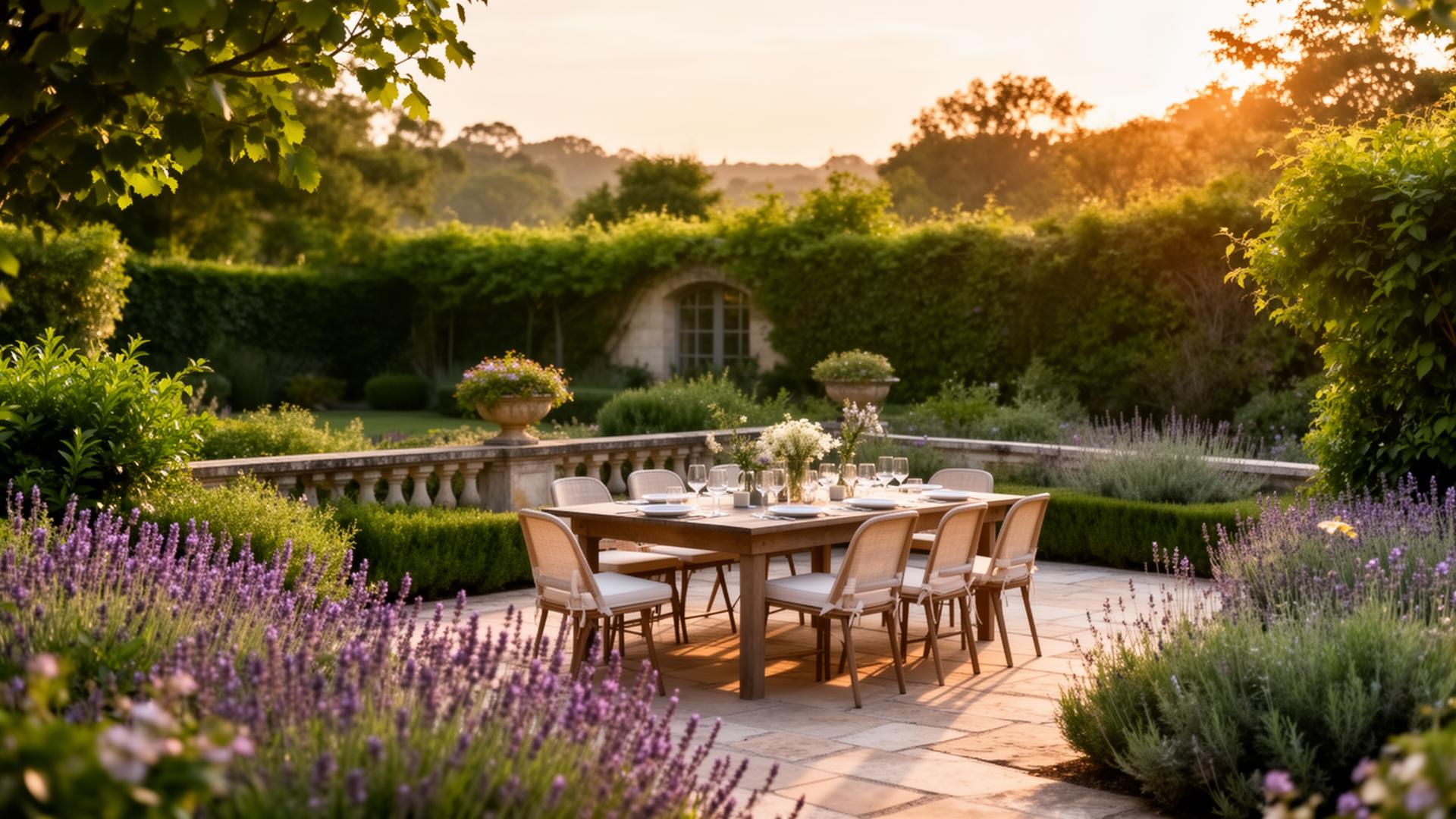 Jardin paisible au coucher de soleil